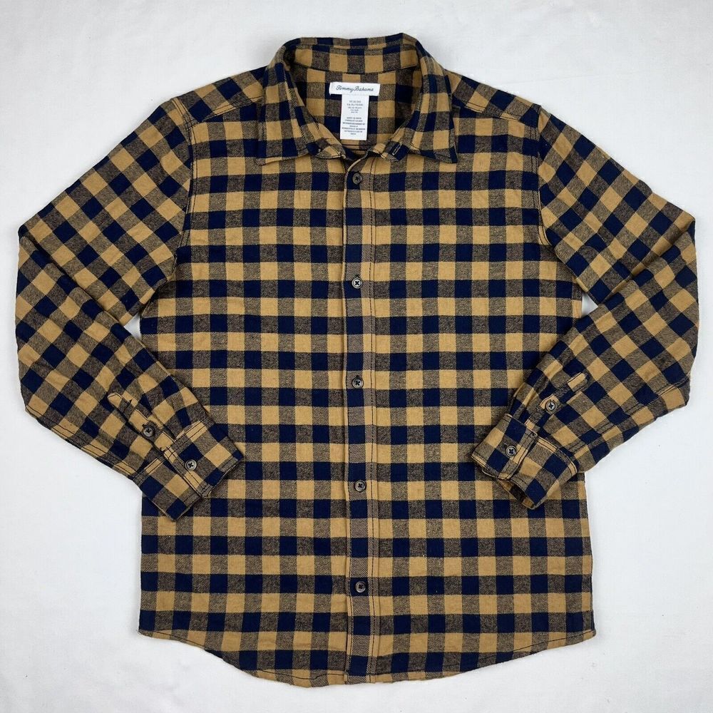 Tommy Bahama Boy's XL 14 Blue Mustard Yellow Gingham Plaid Flannel Shirt